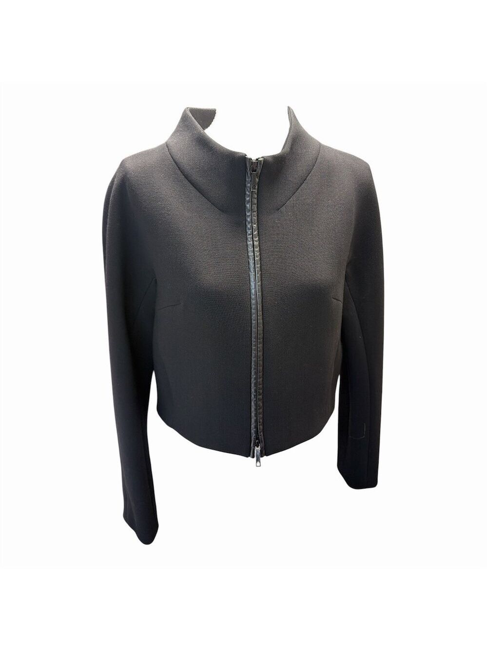 Lafayette 148 NY Virgin Wool Leather Trim  Blue Strip Jacket 2 Black Full Zip